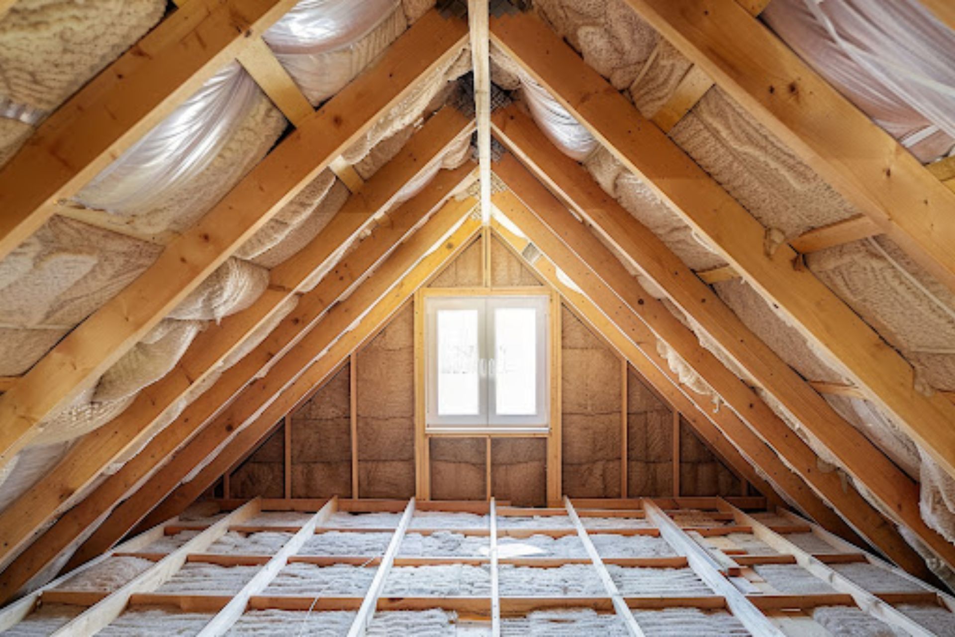 An attic space featuring exposed wood beams and insulation material covering the ceiling and walls.