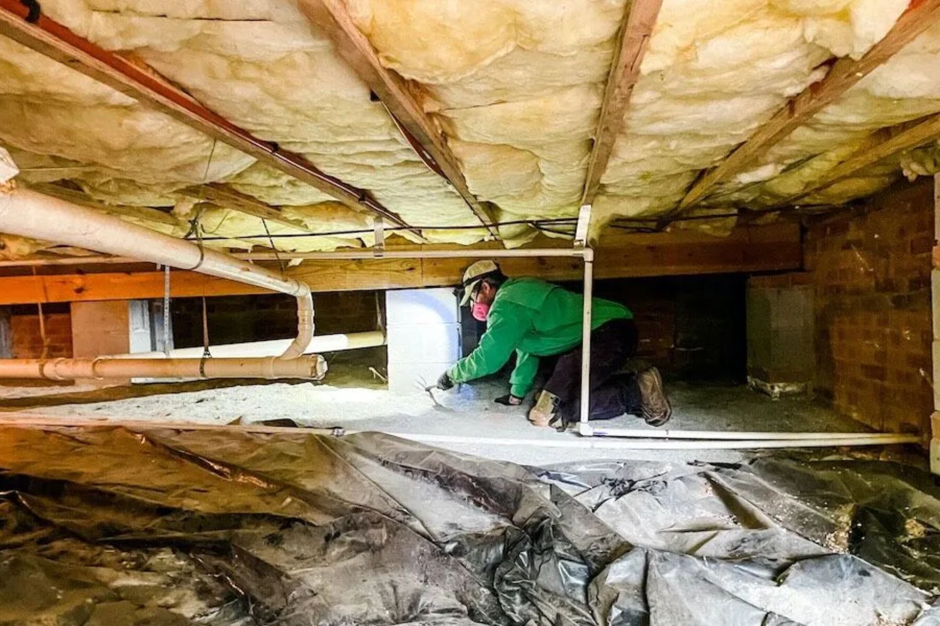 A man installs insulation in a basement, focusing on improving energy efficiency and comfort in the space.
