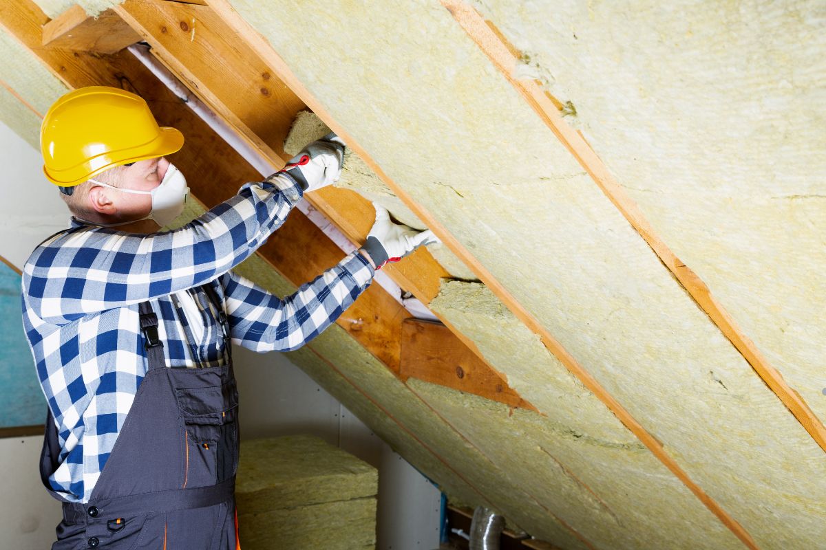 A man in a hard hat and overalls installs insulation in an attic, demonstrating professional insulation service.